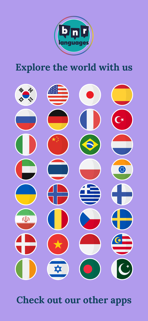 Learn Korean (Beginners) - A grid of international flags showing the various language learning apps available from BNR Languages