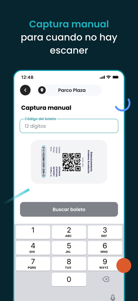 Pantalla de smartphone que muestra la entrada manual de un código de ticket de estacionamiento en la app Parco