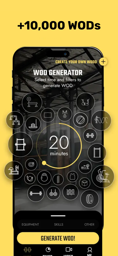 WOD App: Timer & AI Workout - WOD generator interface with equipment filters and time selection for custom workouts