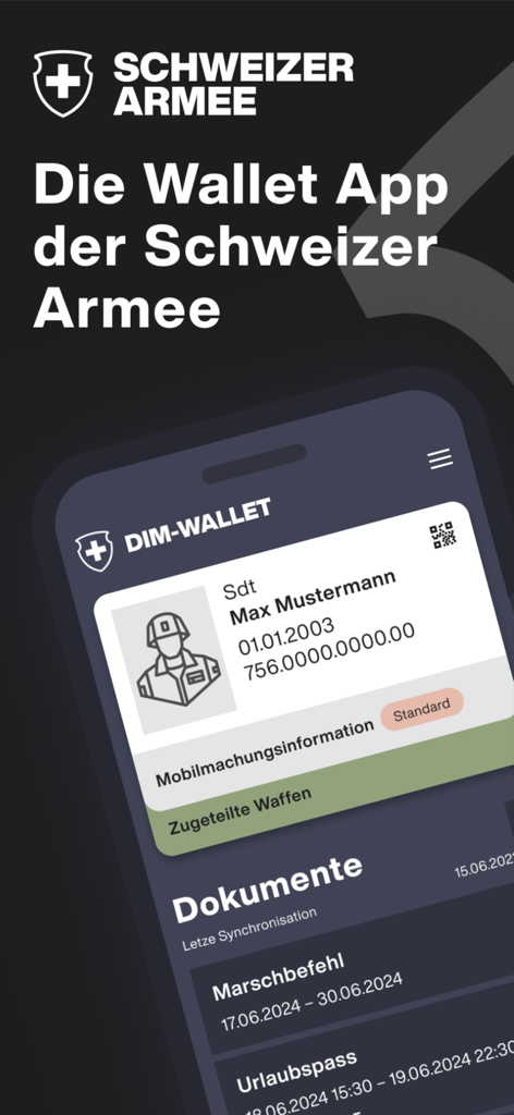 DIM-Wallet - The DIM-Wallet mobile app interface displaying a digital Swiss military ID and mobilization documents