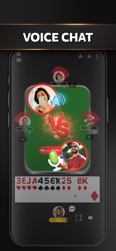 Jawaker: Games & Friends - Jawaker app screenshot showing a live voice chat feature during a multiplayer card game session.