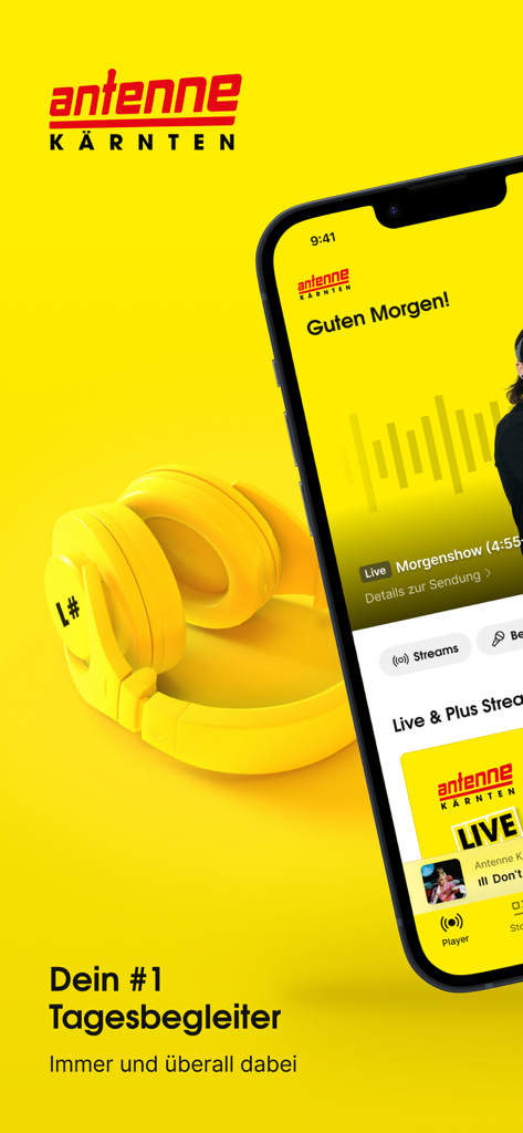 Antenne Kärnten Radio App-Oberfläche auf einem iPhone mit gelben Kopfhörern auf gelbem Hintergrund