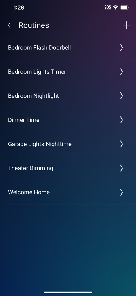 Control4 - The Routines menu in the Control4 app showing personalized smart home scenes like Dinner Time and Welcome Home