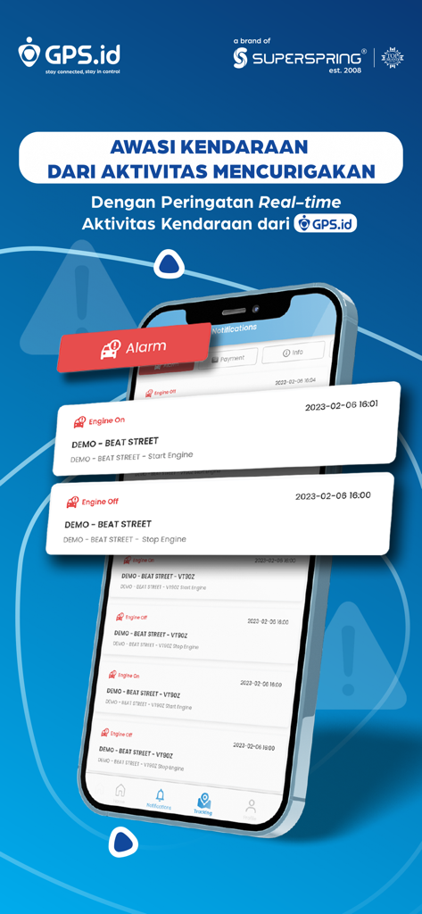 GPS.id by Super Spring - Smartphone screen showing real-time engine start and stop notifications for vehicle tracking
