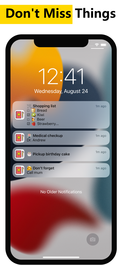 Pantalla de bloqueo del smartphone mostrando notificaciones de WeNote para listas de compras y recordatorios médicos.
