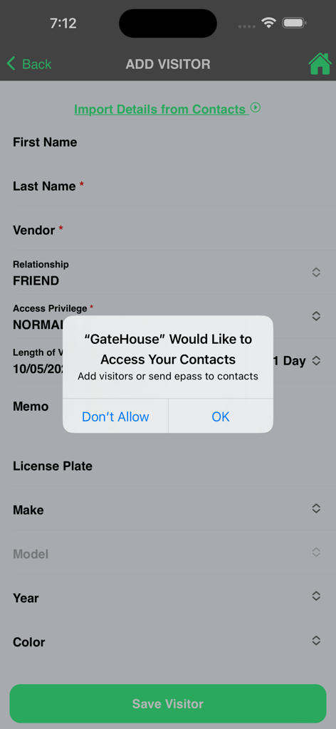 GateHouse® Resident Phone App - Add visitor screen in the GateHouse Resident Phone App with a contact access permission prompt