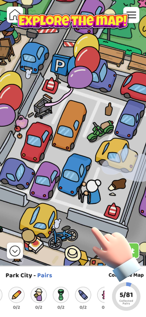 플레이어가 숨겨진 물건을 찾는 다채로운 주차장 지도를 보여주는 Scavenger Hunt 게임 플레이.