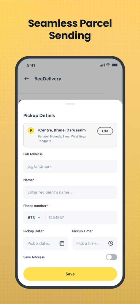 Bee: Be Quick, Be Efficient - Captura de pantalla de la aplicación Bee que muestra el formulario de detalles de recogida para programar una entrega de paquete fluida