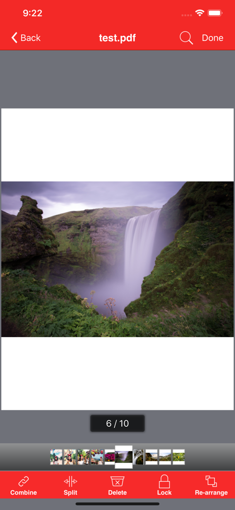 Screenshot dell'iPhone di Power PDF Pro che mostra strumenti di gestione pagine come unisci, dividi e blocca durante la visualizzazione di un PDF con un'immagine di cascata