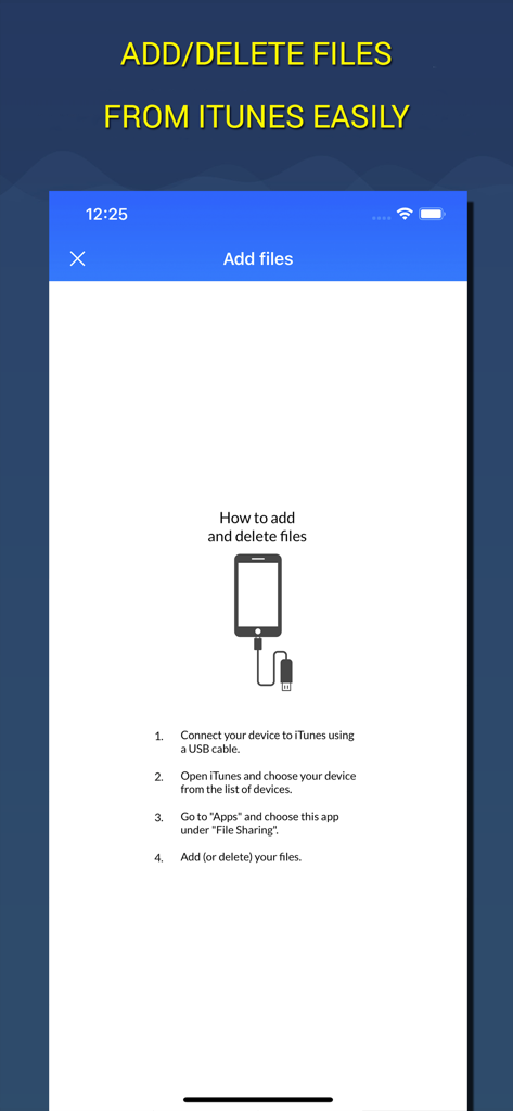 Écran mobile montrant des instructions étape par étape pour ajouter et supprimer des fichiers à l'aide du partage de fichiers iTunes pour l'application de coffre-fort
