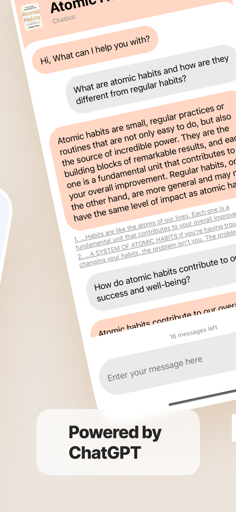 Interfaz de chatbot de IA que proporciona un resumen detallado y responde preguntas sobre el libro Atomic Habits.