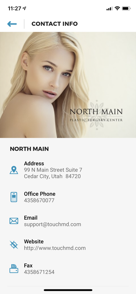 myTouchMD - for Patients - Tela de informações de contato para uma clínica médica no aplicativo de paciente myTouchMD