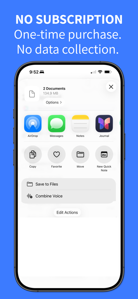 Combine Voice Memos + - Combine Voice Memos 앱 작업이 한 번 구매 헤더와 함께 iOS 공유 시트에 통합된 것을 보여주는 iPhone 화면