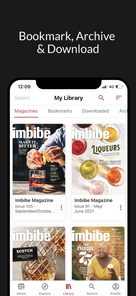 Imbibe Magazine app My Library screen showing various digital magazine covers with options to bookmark and download.