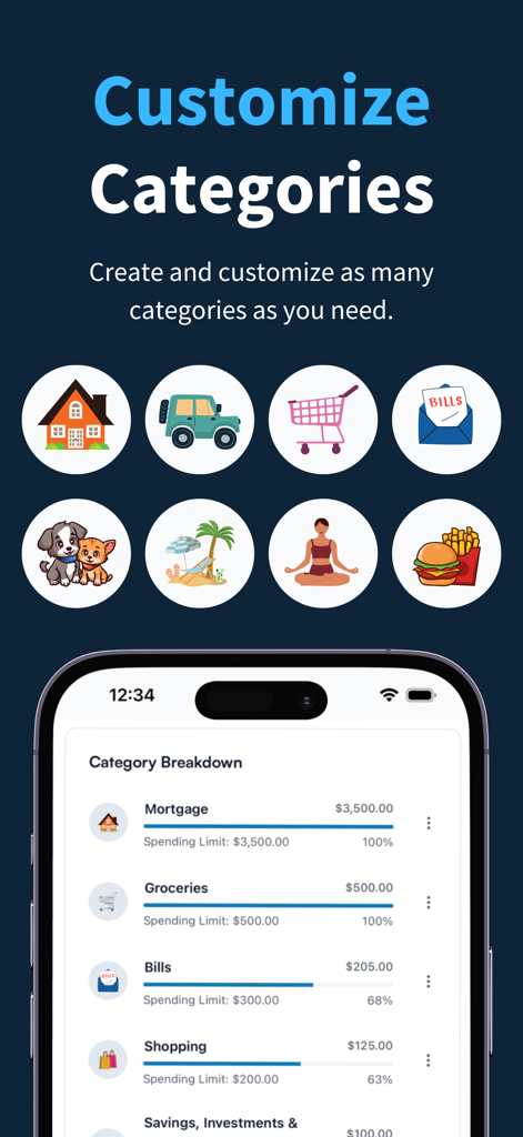Koody - Budget & Bills Tracker - Koody app interface showing custom budget categories like mortgage, groceries and bills with progress bars