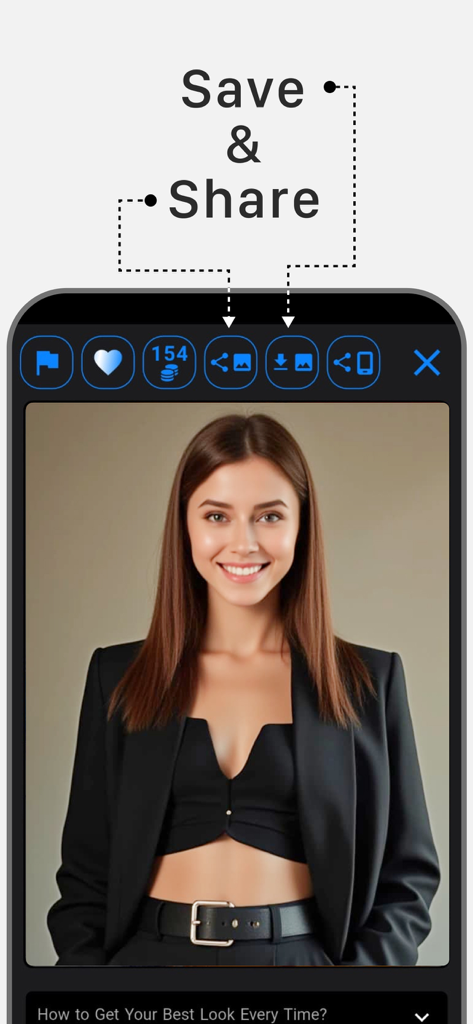 Photo Face Swap AI Editor App - Interface of the Photo Face Swap AI Editor app showing a portrait of a woman with options to save and share