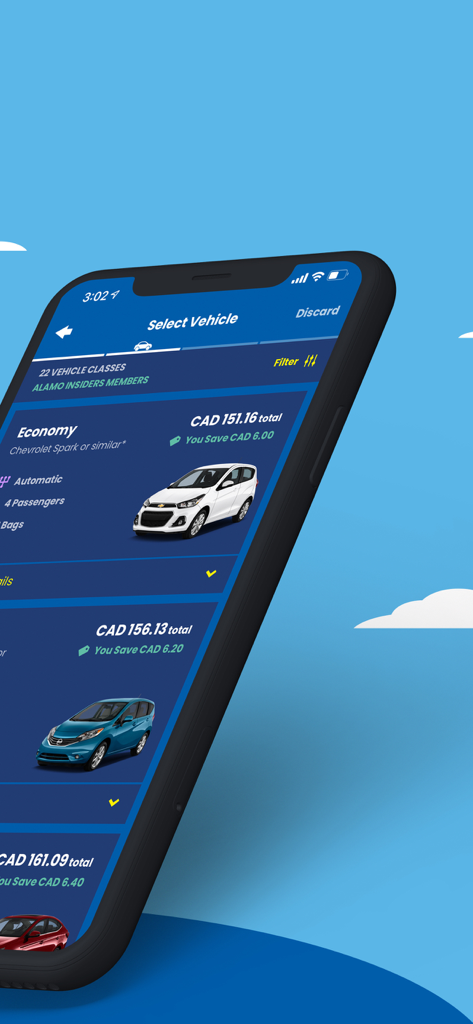 Alamo - Car Rental - Alamo app select vehicle screen with car rental options and pricing