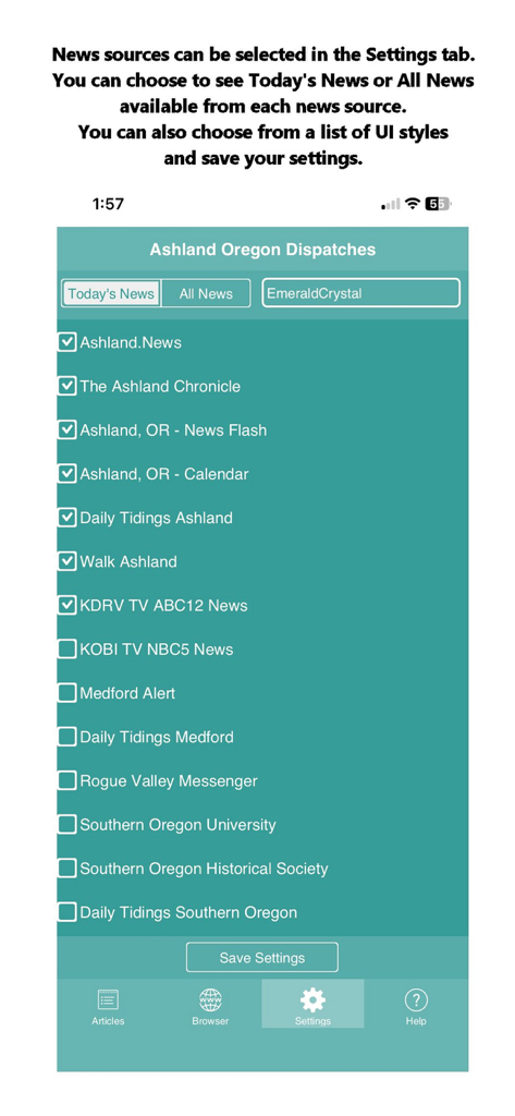 Settings screen of the Ashland Oregon News Dispatches app for selecting local news sources