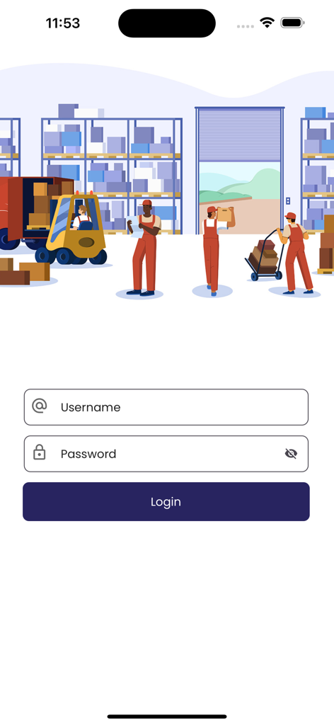 MoveMan AI Inventory app login page with moving warehouse illustration