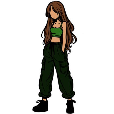 girl in baggy pants crop top and long hair