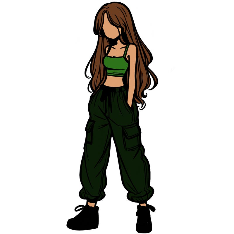 girl in baggy pants crop top and long hair