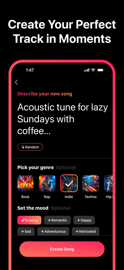Song AI Maker: Generate Music - Song AI Makerアプリのインターフェース。テキストプロンプトとジャンル選択によるトラック作成方法が表示されています。