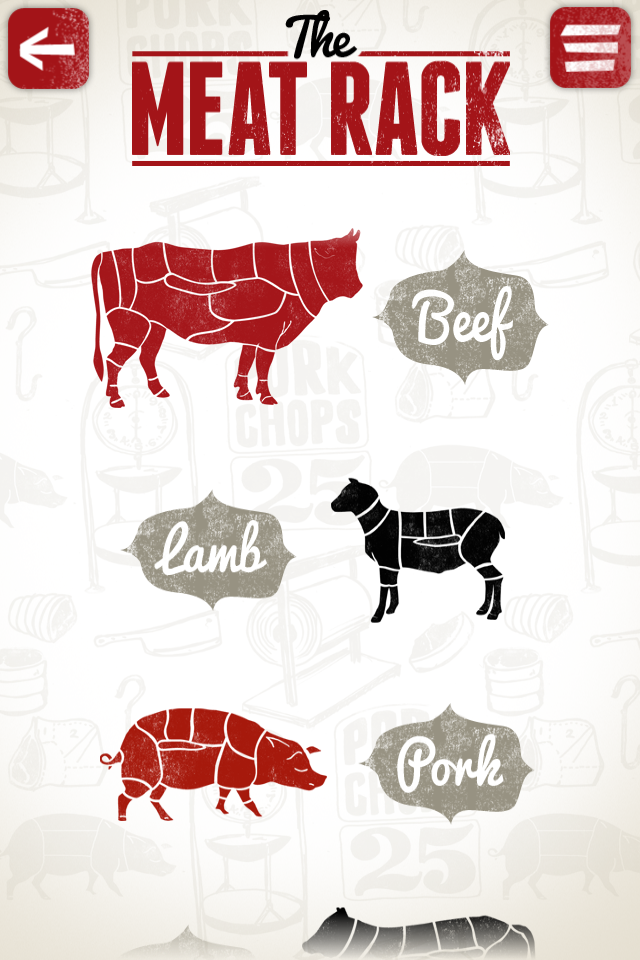 Ask The Butcher - Ask The Butcher app showing butcher cut diagrams for beef lamb and pork on The Meat Rack screen