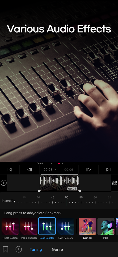 Interface do editor de vídeo VLLO mostrando vários efeitos de áudio e predefinições de ajuste