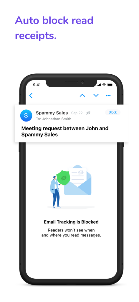 Email - Edison Mail - Edison Mailアプリが、ユーザーのプライバシーのためにメールの開封確認とトラッキングピクセルを自動的にブロックしていることを示すスマートフォンのディスプレイ。
