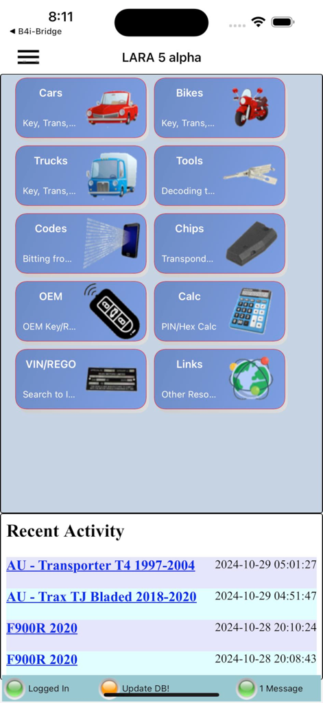 LARA Lock Reader Assistant - Painel principal do aplicativo assistente de chaveiro automotivo LARA mostrando ícones de carros, motos, caminhões e ferramentas