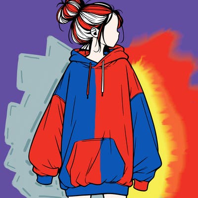 realistic girl with a oversized sweatshirt on and a bun