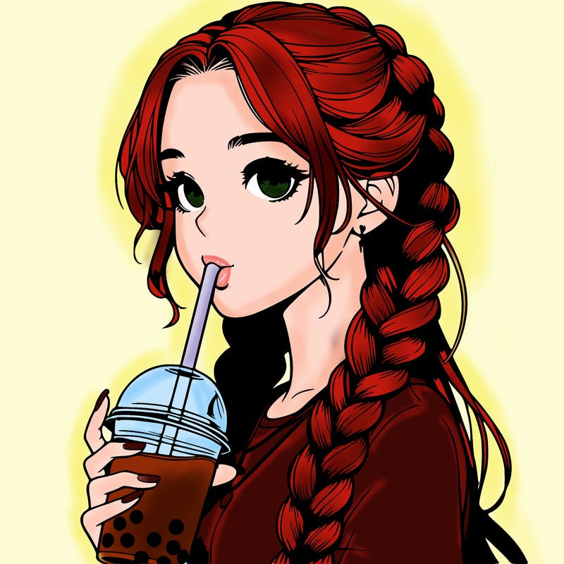 realistic girl with braided hair drinking boba