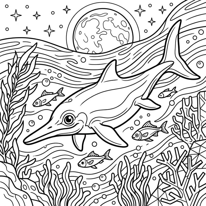 Uncover the magic of the deep sea at night with this captivating Ichthyosaurus coloring page. Featuring a graceful Ichthyosaurus under a luminous moon and twinkling stars, it's a perfect blend of prehistoric wonder and nocturnal beauty.