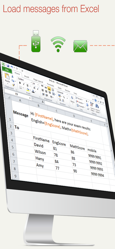 Una pantalla de computadora que muestra una plantilla de mensaje de texto grupal personalizado en una hoja de cálculo de Excel con opciones de importación para USB WiFi y Correo electrónico.