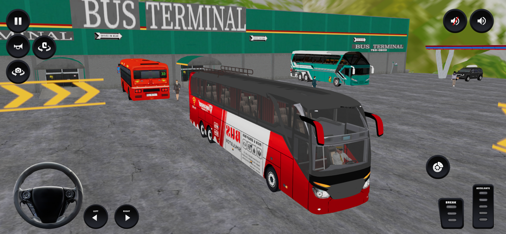 Gameplay screenshot of Bus Driving Simulator 3D showing a red and white coach bus parked at a bus terminal with on-screen driving controls.