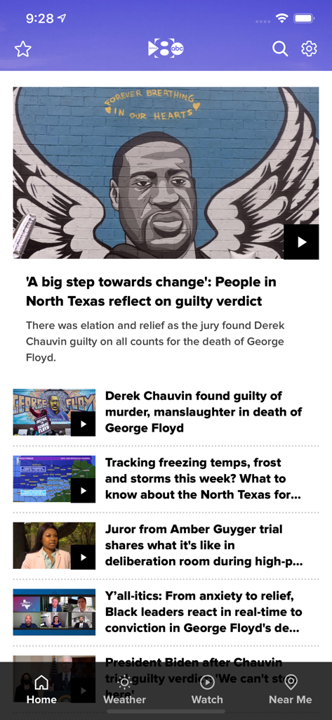 Tela inicial do aplicativo WFAA News mostrando manchetes locais do Norte do Texas e atualizações meteorológicas.