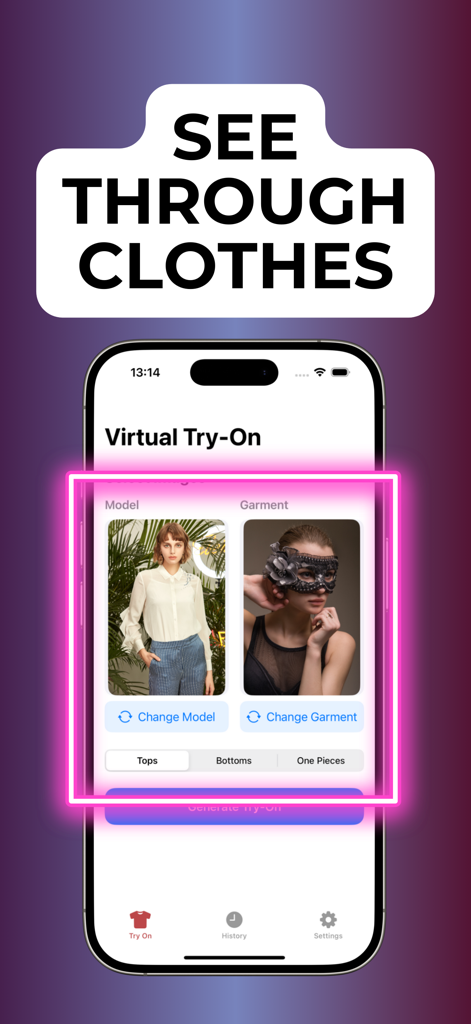 Clothes Changer - AI Generator - Mobile app screen for virtual try-on with model and garment selection options