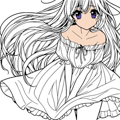 manga girl with long flowing hair and a dress that is pushed down