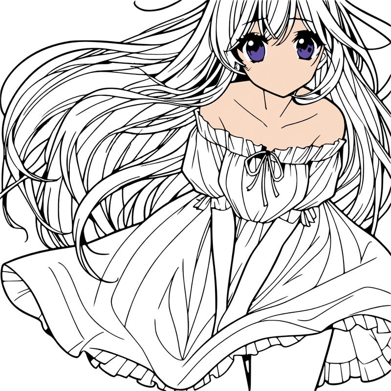 manga girl with long flowing hair and a dress that is pushed down