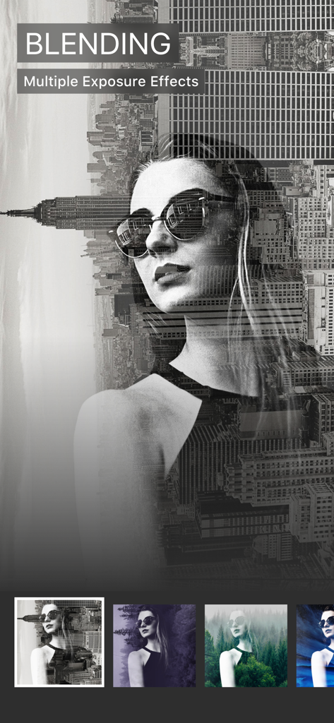Portrait of a woman with sunglasses blended with a city skyline using multiple exposure effects