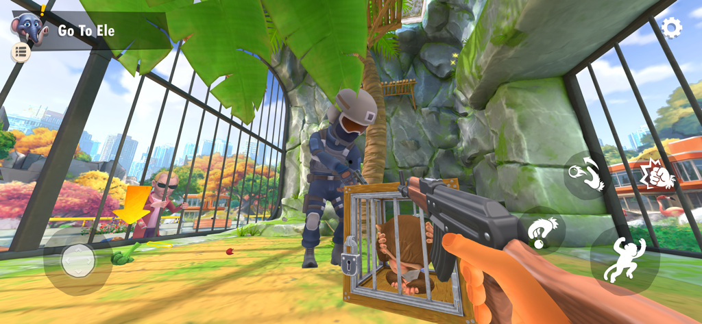 I Am Monkey - original game - First person view of a monkey holding a rifle inside a zoo enclosure with a guard and a caged monkey