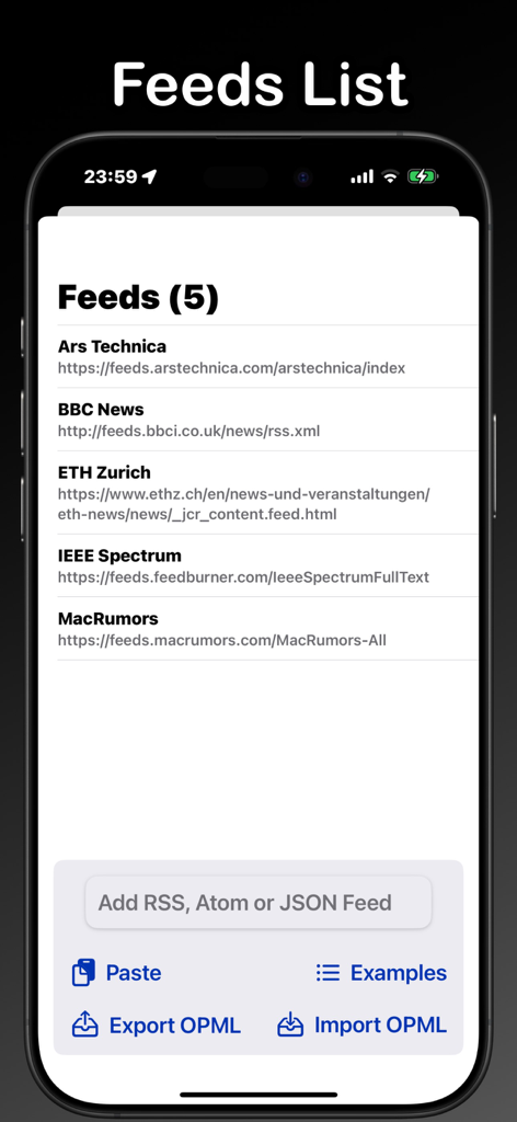 Feeds list view in RSS-Filter app showing news sources and options to add, paste, or import OPML files.