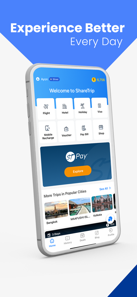 ShareTrip: Flight Shop Voucher - Home screen of ShareTrip app showing flight, hotel, and visa booking options