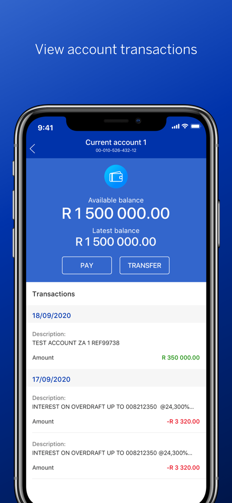 Interface de l'application mobile Business Online SA montrant le solde du compte et l'historique des transactions