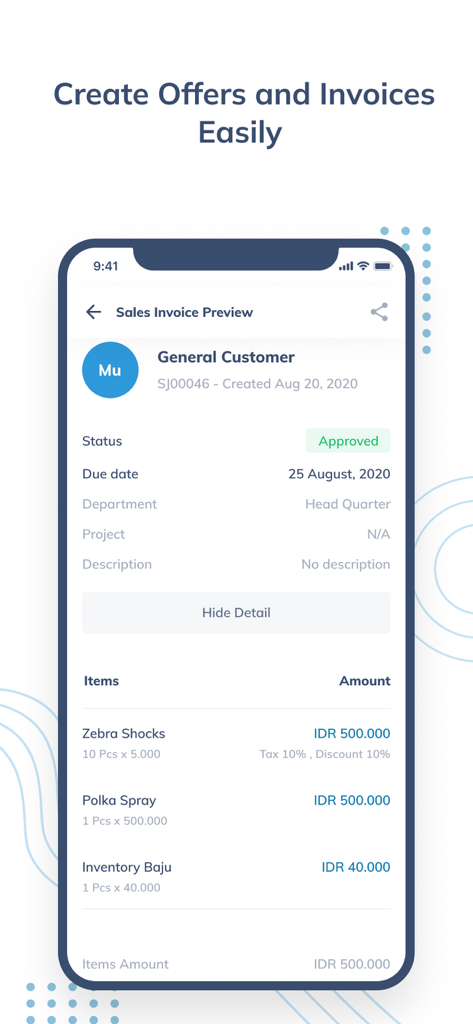 Zahir Apps - A mobile screen showing a sales invoice preview with item details and status within the Zahir Apps interface