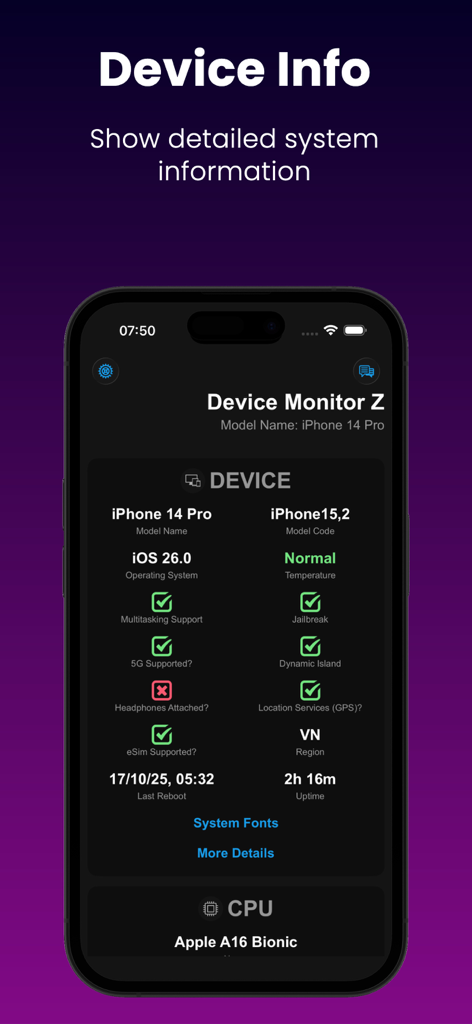Device Monitor Z: CPU x RAM OS - Device Monitor Z 앱이 iPhone에서 상세한 시스템 및 CPU 정보를 표시하는 모습.