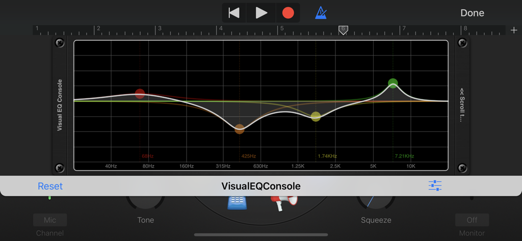 The main frequency spectrum display and filter controls of the Visual EQ Console AUv3 plugin.