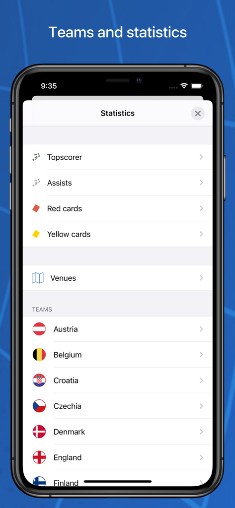 WC 2026 app screen showing soccer tournament statistics and a list of national teams.