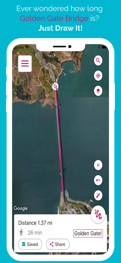 Just Draw It! Route planner - A satellite map view in the Just Draw It app showing a route drawn across the Golden Gate Bridge with a distance of 1.37 miles and a walking time of 26 minutes