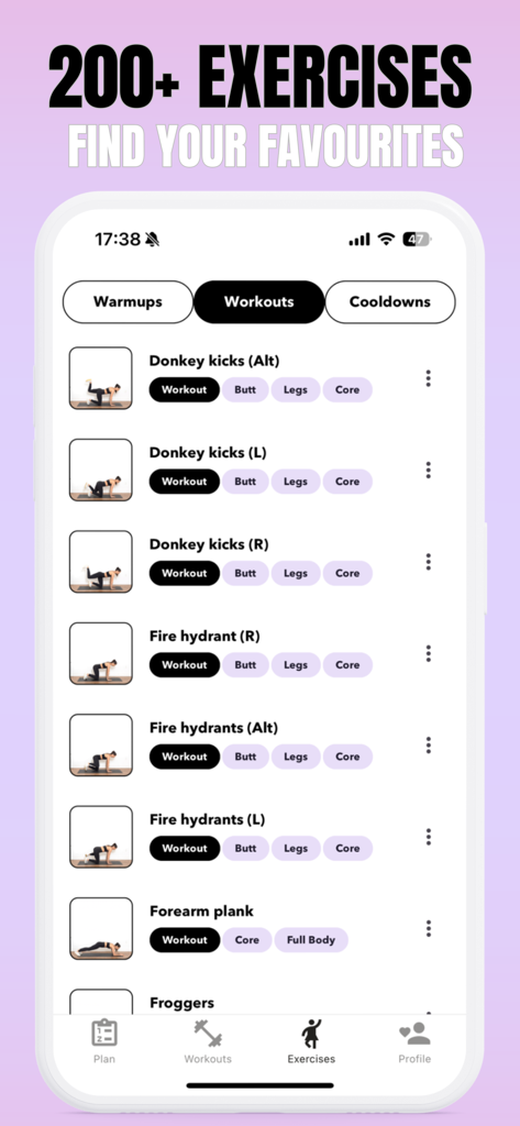 Booty Workout: Glutes & Squat - Interfaz de la aplicación Booty Workout mostrando una lista de varios ejercicios para glúteos, piernas y core
